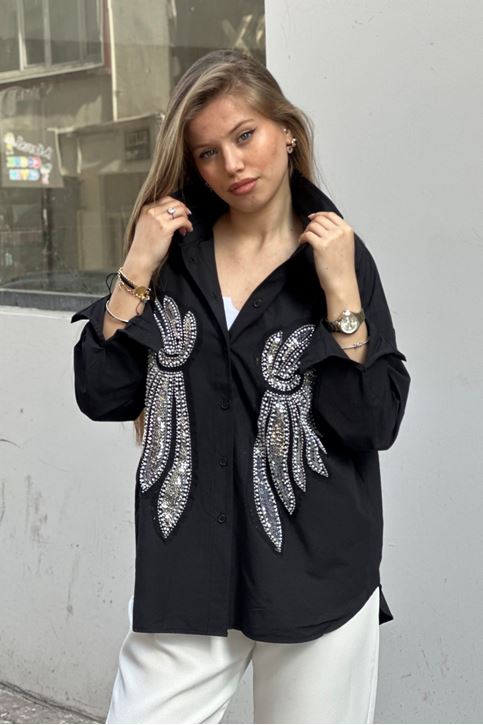 Kanat Boncuk İşlemeli Gömlek-Siyah