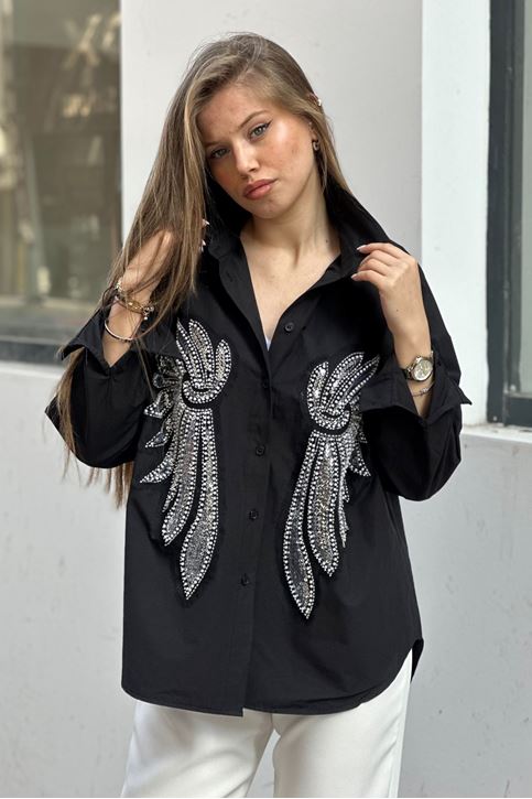 Kanat Boncuk İşlemeli Gömlek-Siyah