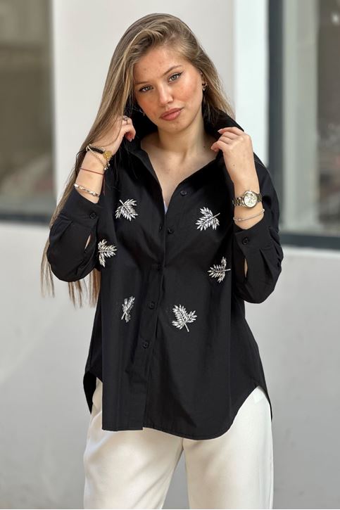 Yaprak Taş Detaylı Salaş Gömlek-Siyah