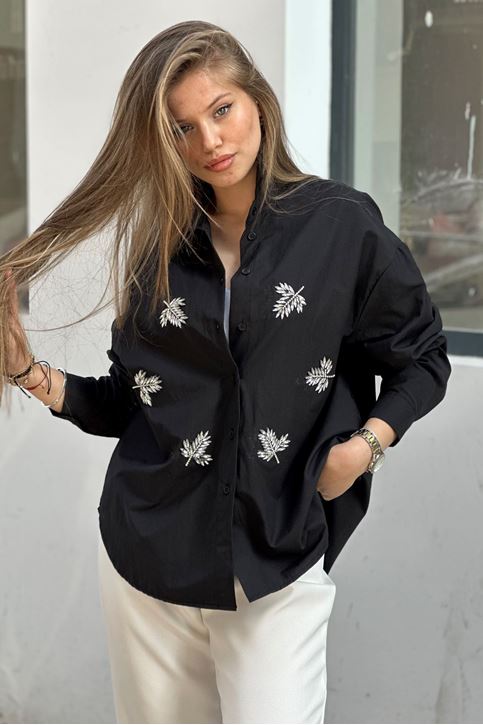 Yaprak Taş Detaylı Salaş Gömlek-Siyah