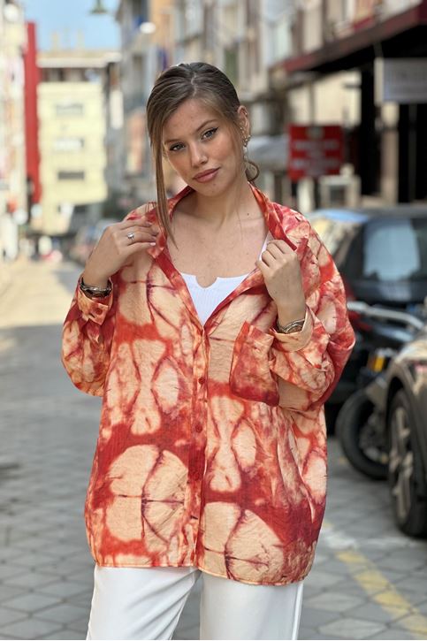 Batik Desenli Tek Cepli Salaş Gömlek-Turuncu