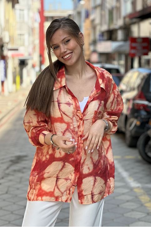 Batik Desenli Tek Cepli Salaş Gömlek-Turuncu