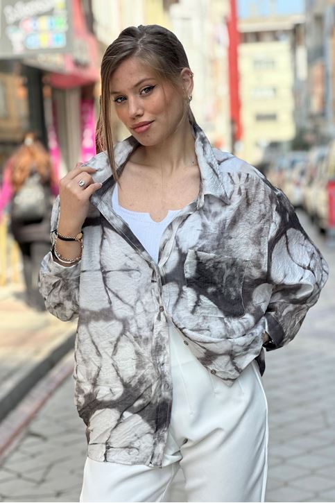 Batik Desenli Tek Cepli Salaş Gömlek-Gri