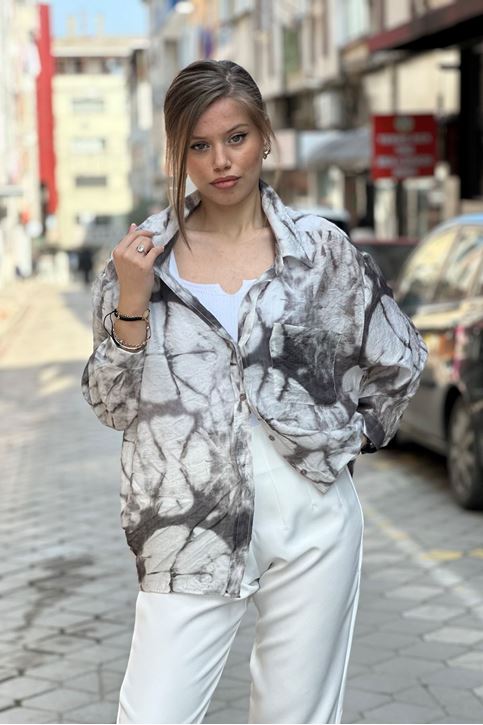 Batik Desenli Tek Cepli Salaş Gömlek-Gri
