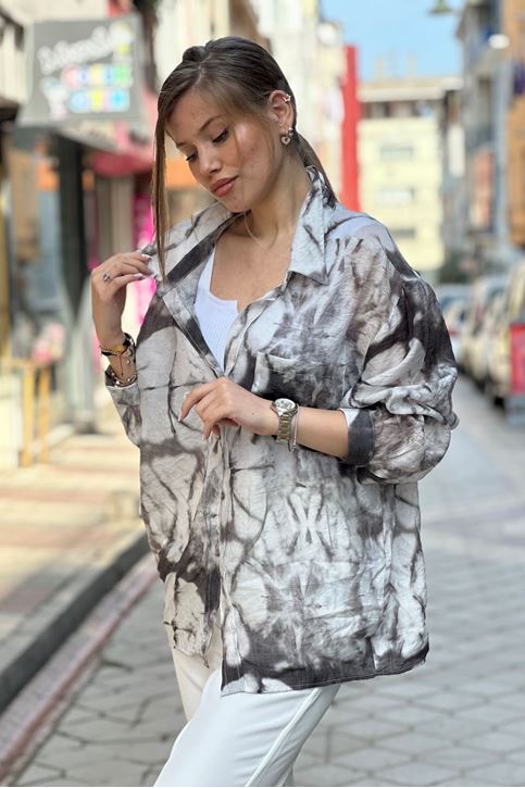 Batik Desenli Tek Cepli Salaş Gömlek-Gri