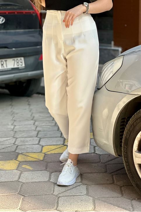 Yüksek Bel Pensli Likralı Kalem Kumaş Pantolon-Beyaz