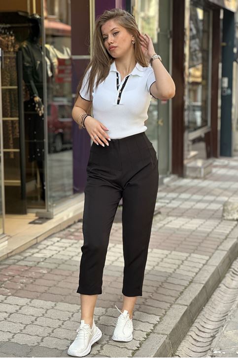 Yüksek Bel Pensli Likralı Kalem Kumaş Pantolon-Siyah