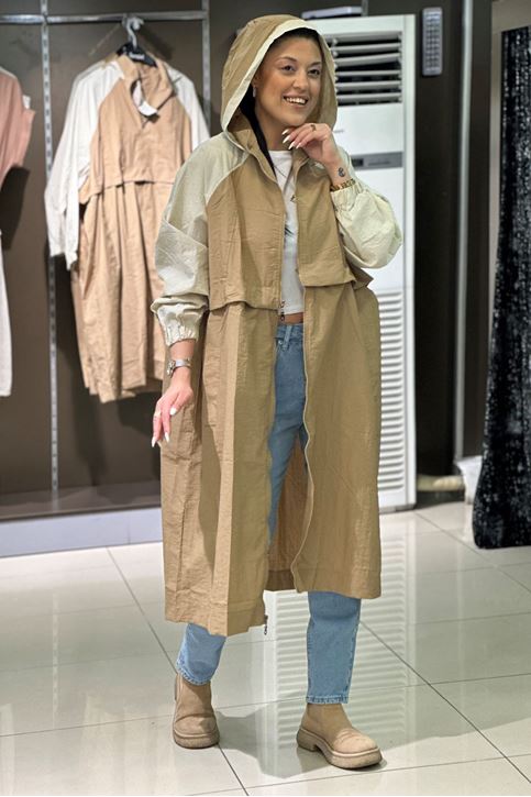 Uzun Kısa Kulllanabilir Oversize Kapşonlu Yağmurluk-Vizon