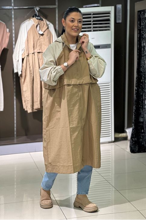 Uzun Kısa Kulllanabilir Oversize Kapşonlu Yağmurluk-Vizon