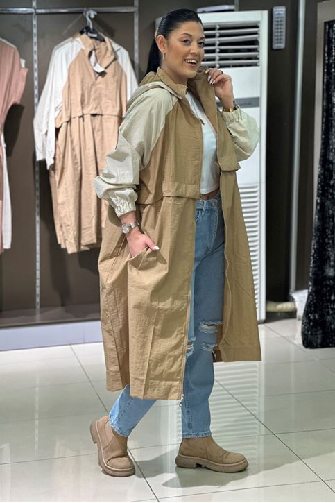 Uzun Kısa Kulllanabilir Oversize Kapşonlu Yağmurluk-Vizon