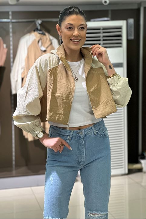 Uzun Kısa Kulllanabilir Oversize Kapşonlu Yağmurluk-Vizon