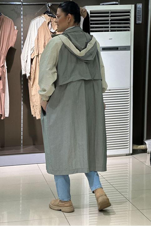 Uzun Kısa Kulllanabilir Oversize Kapşonlu Yağmurluk-Haki