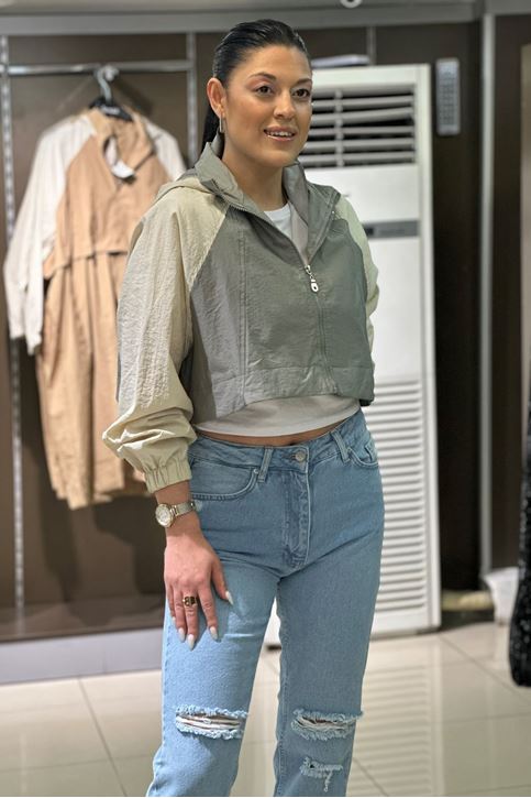 Uzun Kısa Kulllanabilir Oversize Kapşonlu Yağmurluk-Haki