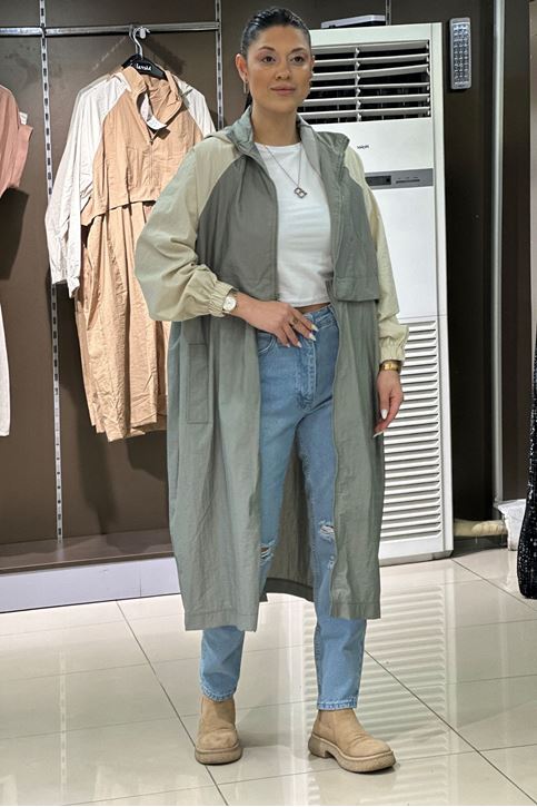 Uzun Kısa Kulllanabilir Oversize Kapşonlu Yağmurluk-Haki