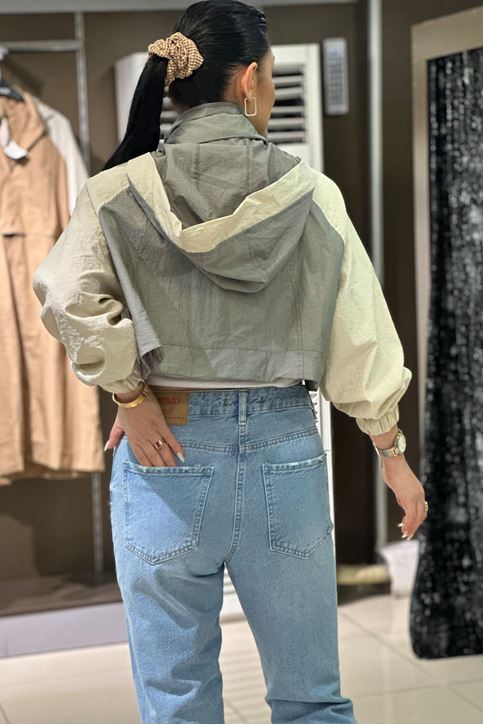 Uzun Kısa Kulllanabilir Oversize Kapşonlu Yağmurluk-Haki