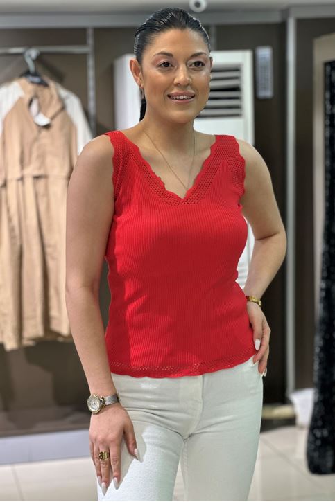 Merdiven Yaka Fitilli Dantel Detay Askılı-Kırmızı