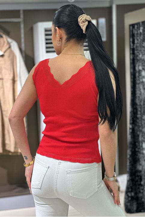 Merdiven Yaka Fitilli Dantel Detay Askılı-Kırmızı