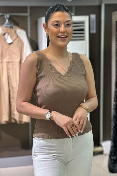 Merdiven Yaka Fitilli Dantel Detay Askılı-Vizon