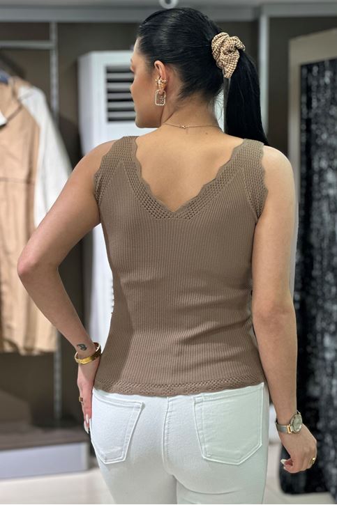 Merdiven Yaka Fitilli Dantel Detay Askılı-Vizon