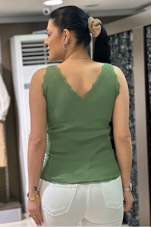 Merdiven Yaka Fitilli Dantel Detay Askılı-Yeşil