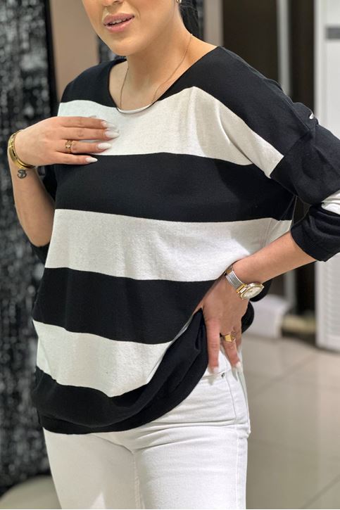 Yuvarlak Yaka Pamuklu Çizgili Triko Bluz-siyah beyaz