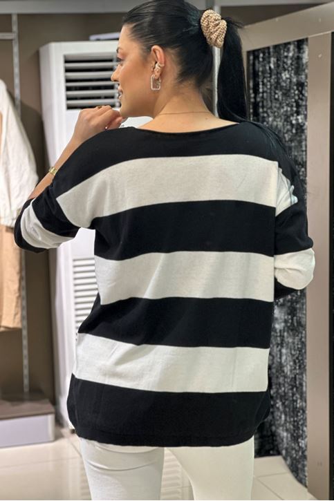 Yuvarlak Yaka Pamuklu Çizgili Triko Bluz-siyah beyaz