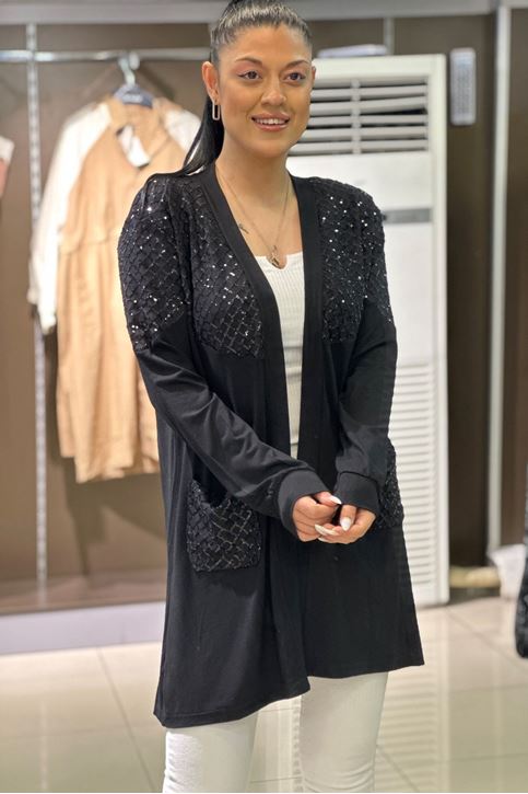 Pulpayet Örüntü Detay Cepli Hırka-Siyah
