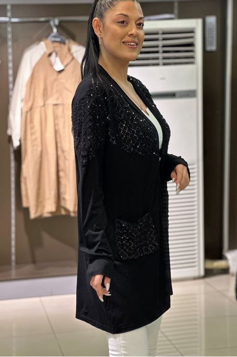 Pulpayet Örüntü Detay Cepli Hırka-Siyah