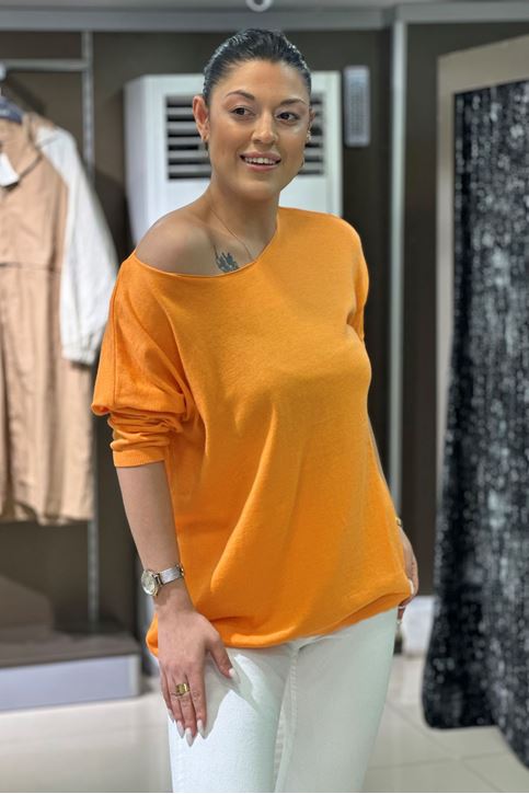 Yuvarlak Yaka Pamuklu Triko Bluz-Turuncu