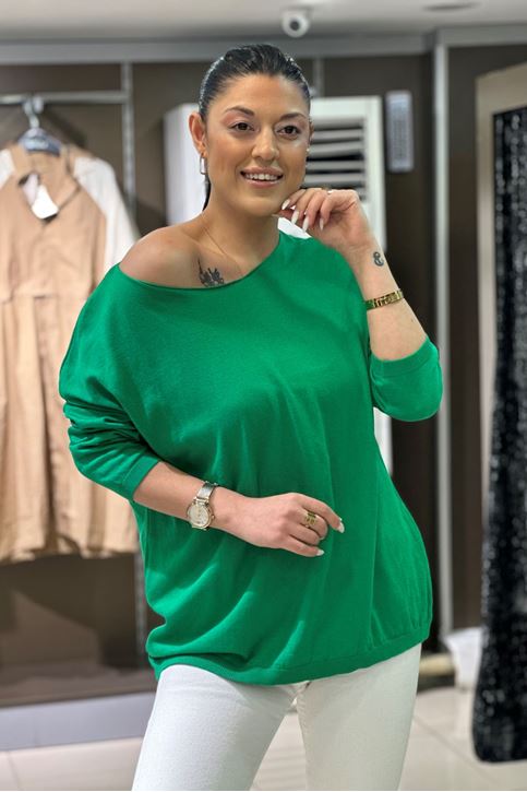 Yuvarlak Yaka Pamuklu Triko Bluz-Yeşil