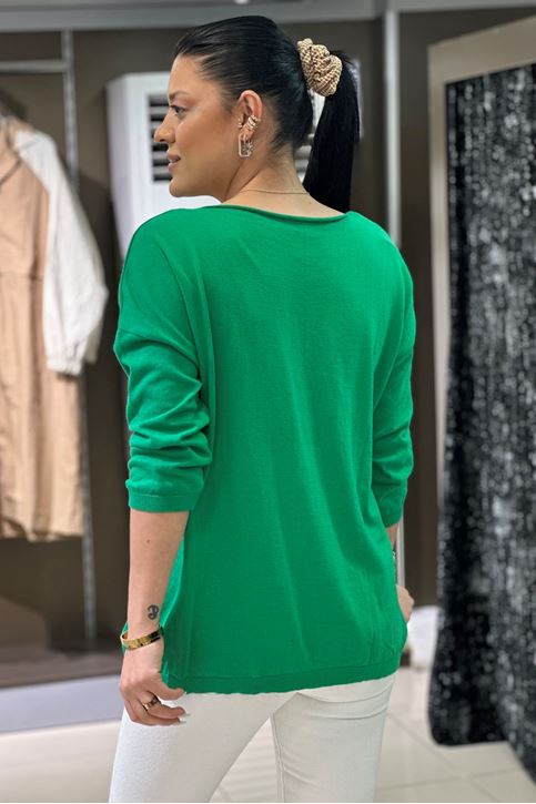 Yuvarlak Yaka Pamuklu Triko Bluz-Yeşil