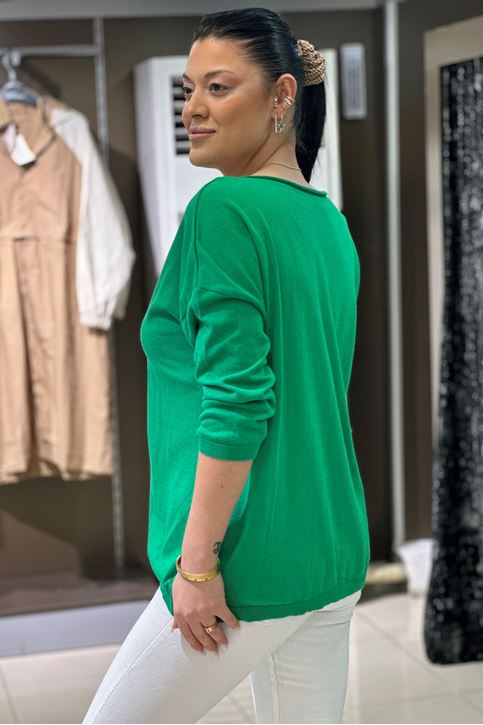 Yuvarlak Yaka Pamuklu Triko Bluz-Yeşil