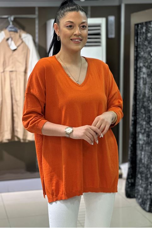 V yaka Salaş Pamuklu Triko Bluz-Turuncu