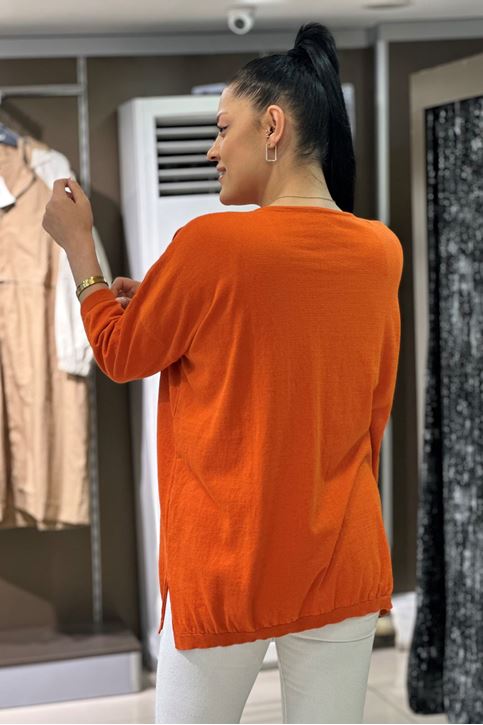 V yaka Salaş Pamuklu Triko Bluz-Turuncu