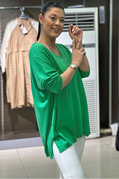 V yaka Salaş Pamuklu Triko Bluz-Yeşil