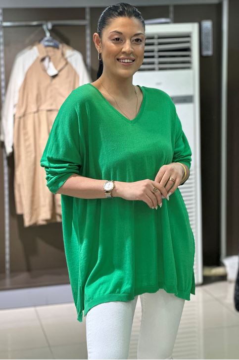 V yaka Salaş Pamuklu Triko Bluz-Yeşil