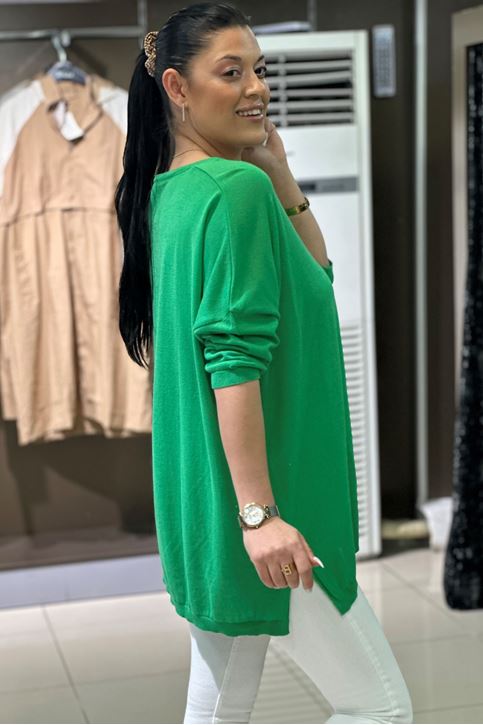 V yaka Salaş Pamuklu Triko Bluz-Yeşil