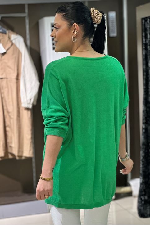 V yaka Salaş Pamuklu Triko Bluz-Yeşil