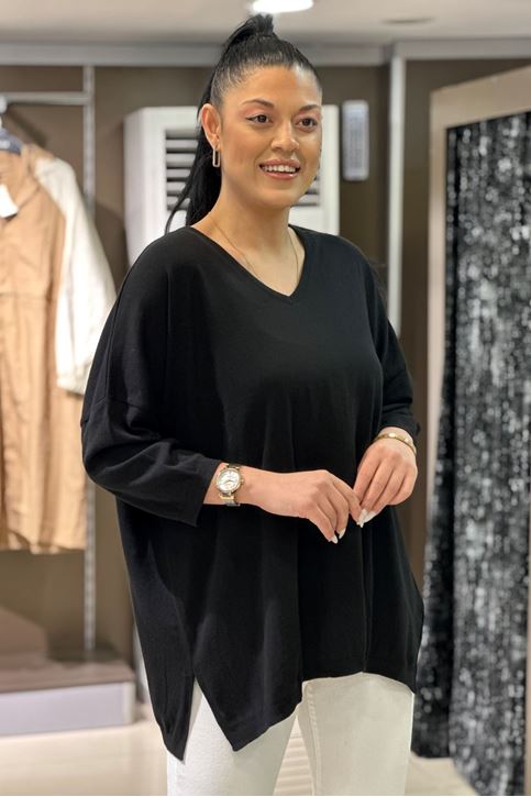 V yaka Salaş Pamuklu Triko Bluz-Siyah