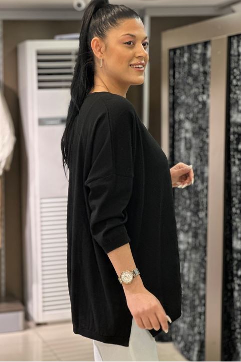 V yaka Salaş Pamuklu Triko Bluz-Siyah