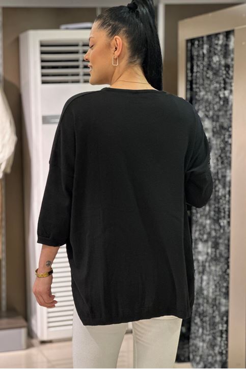 V yaka Salaş Pamuklu Triko Bluz-Siyah