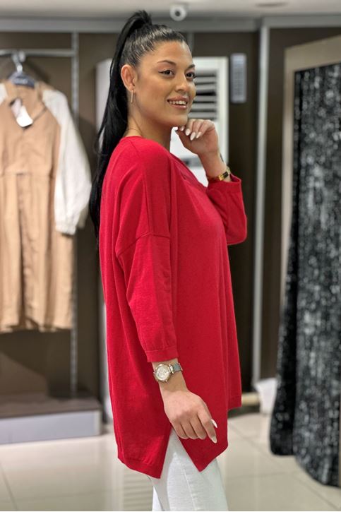 V yaka Salaş Pamuklu Triko Bluz-Kırmızı