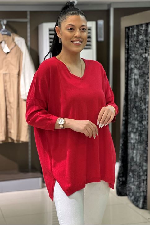 V yaka Salaş Pamuklu Triko Bluz-Kırmızı