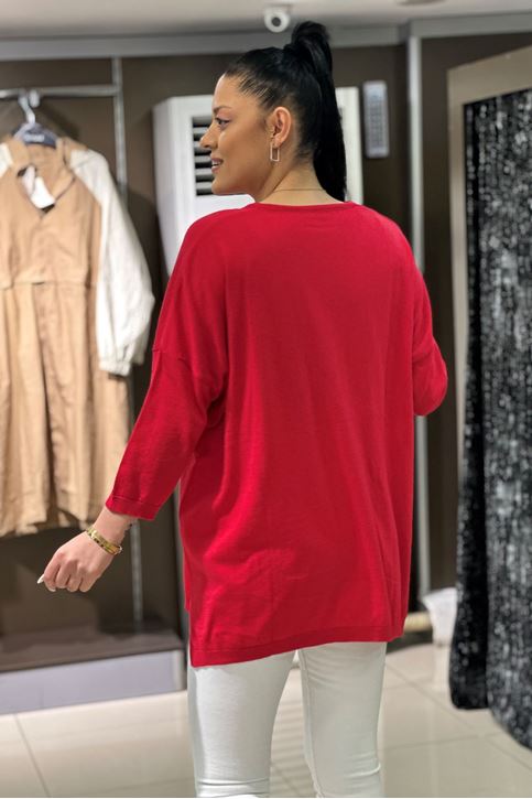 V yaka Salaş Pamuklu Triko Bluz-Kırmızı