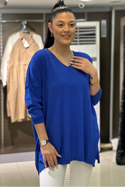 V yaka Salaş Pamuklu Triko Bluz-Saksmavi