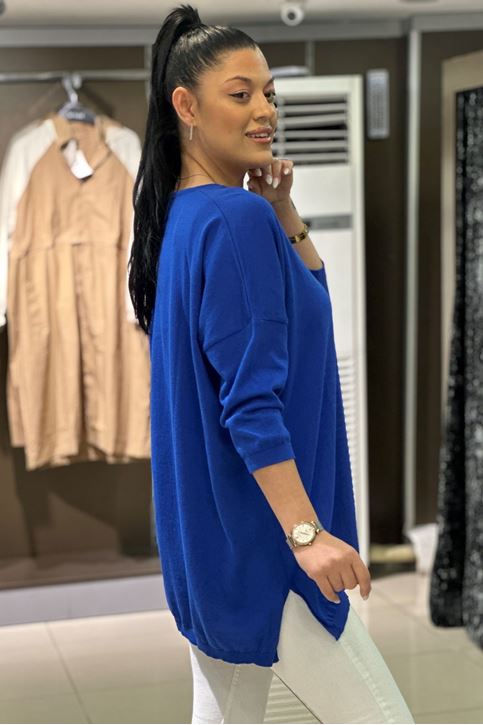 V yaka Salaş Pamuklu Triko Bluz-Saksmavi