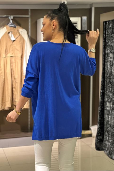 V yaka Salaş Pamuklu Triko Bluz-Saksmavi