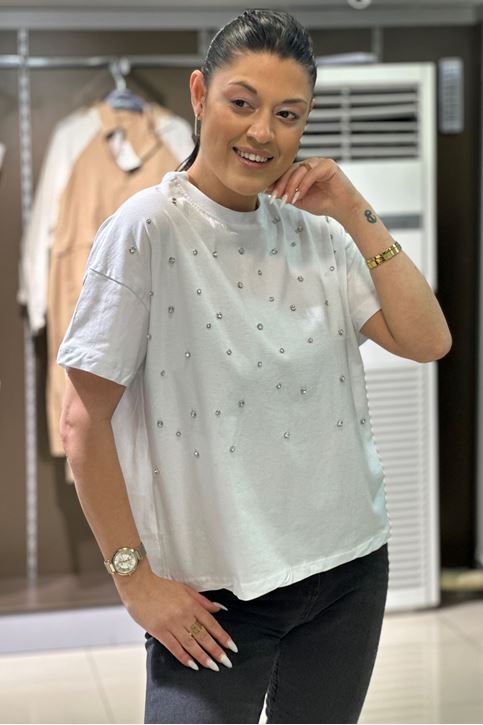 Oversize Taş Detaylı Tshirt-Beyaz
