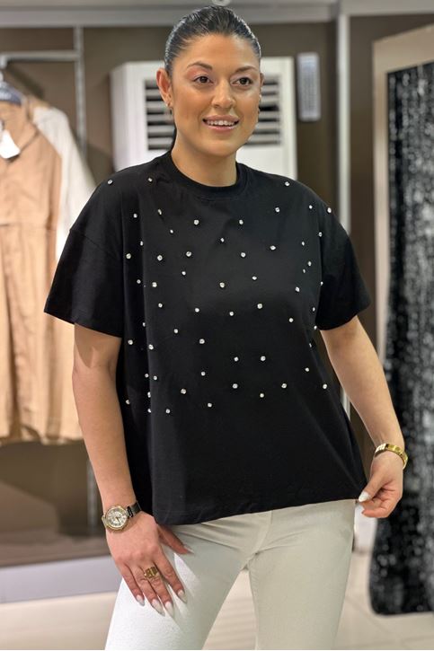 Oversize Taş Detaylı Tshirt-Siyah
