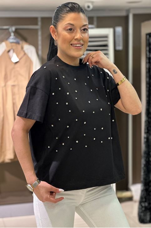 Oversize Taş Detaylı Tshirt-Siyah